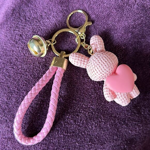 RESIN Rabbit Bell Charm Keychain Anime Bunny Heart Keyring Dangle - Picture 7 of 7
